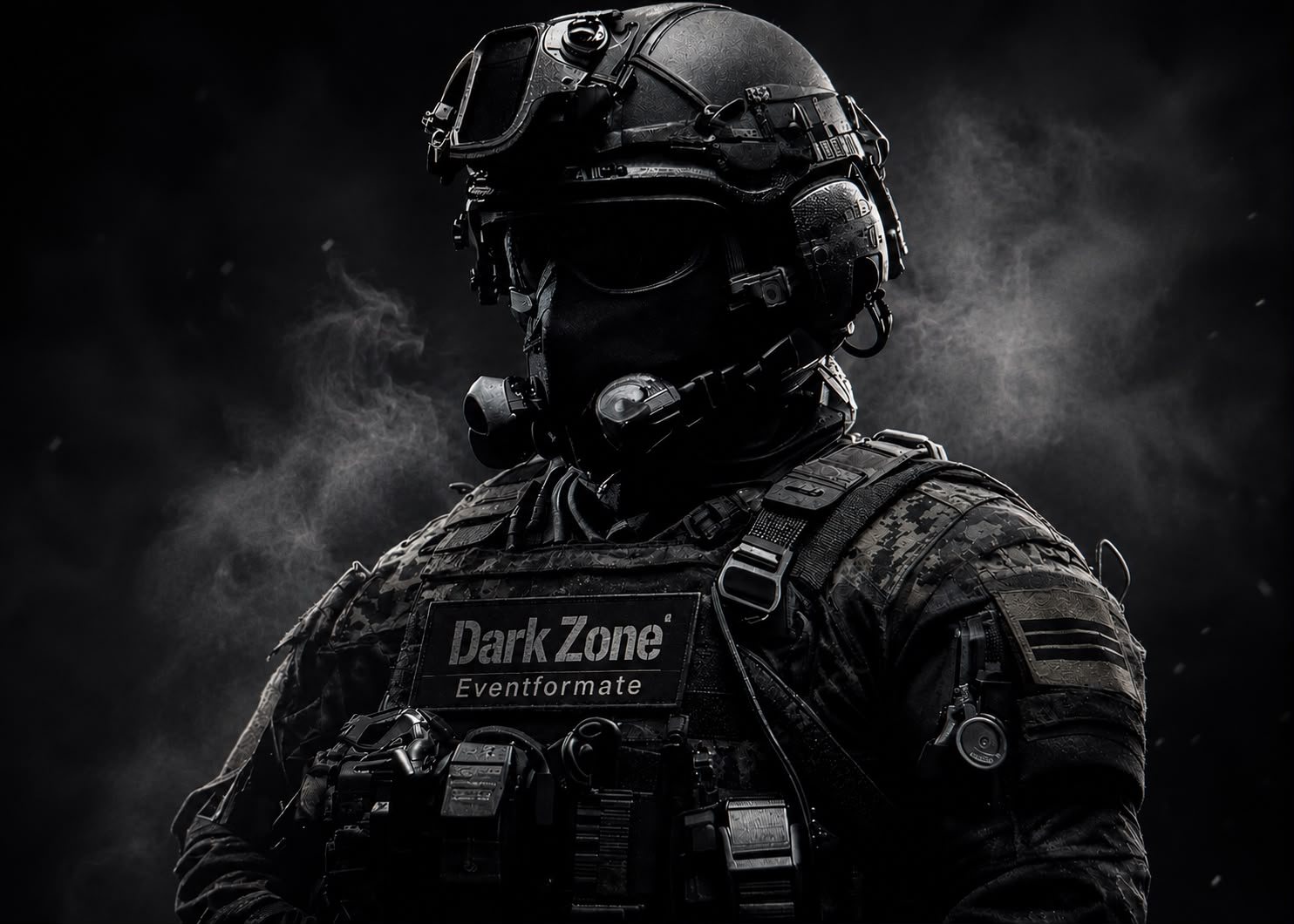DarkZone Operator in voller taktischer Ausrüstung mit Helm, Maske und Weste