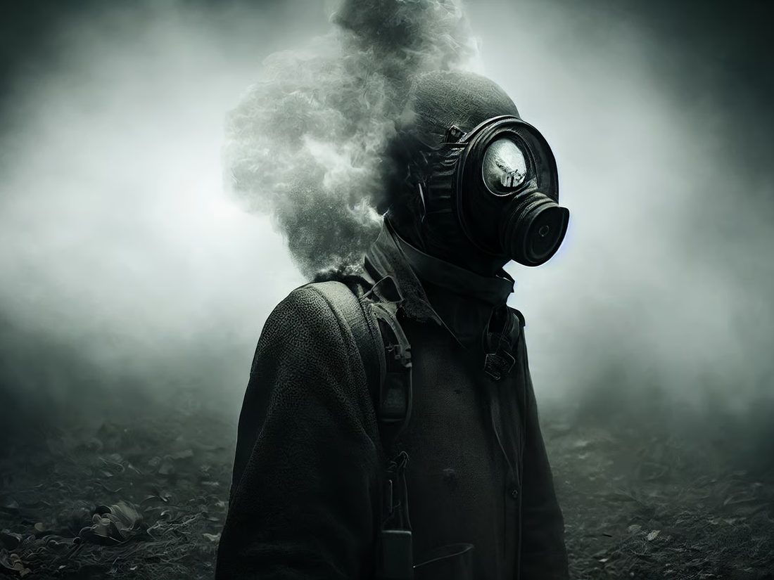 Spielerin mit Gasmaske im Nebel
