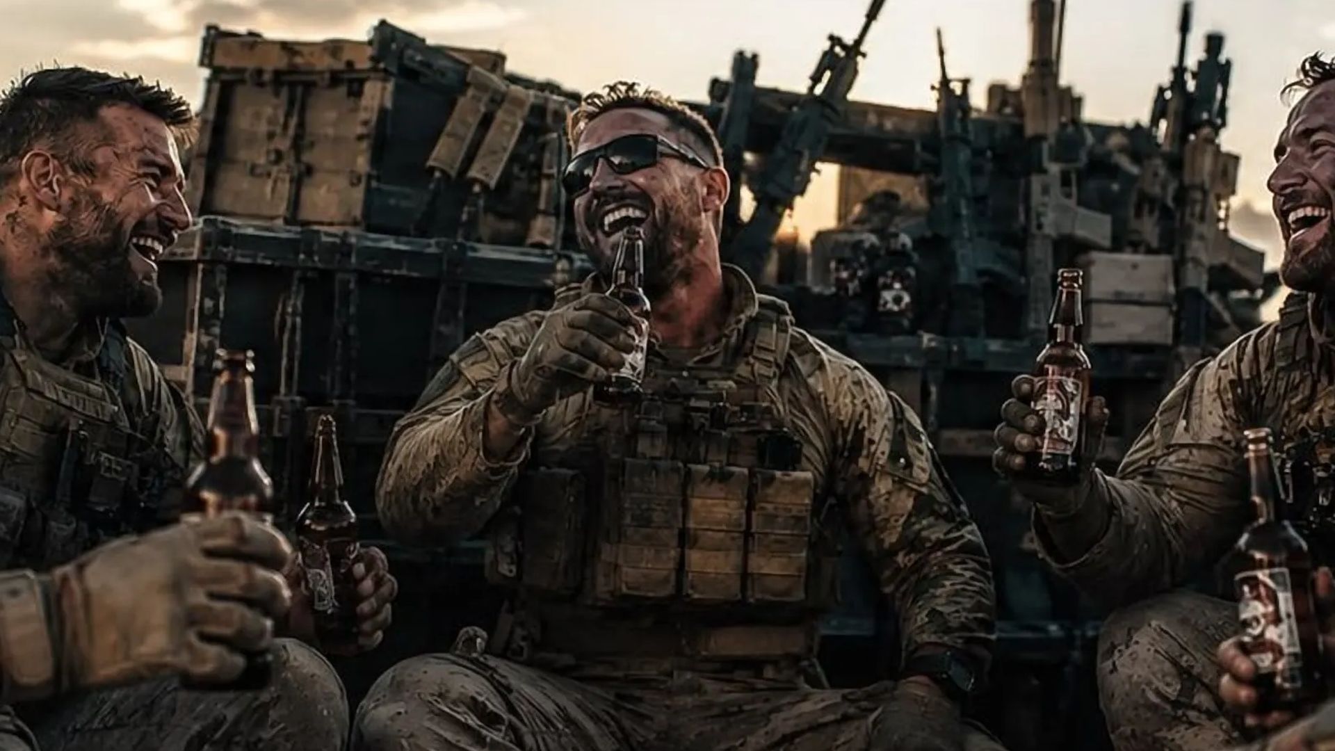Lachende Crew bei Sonnenuntergang