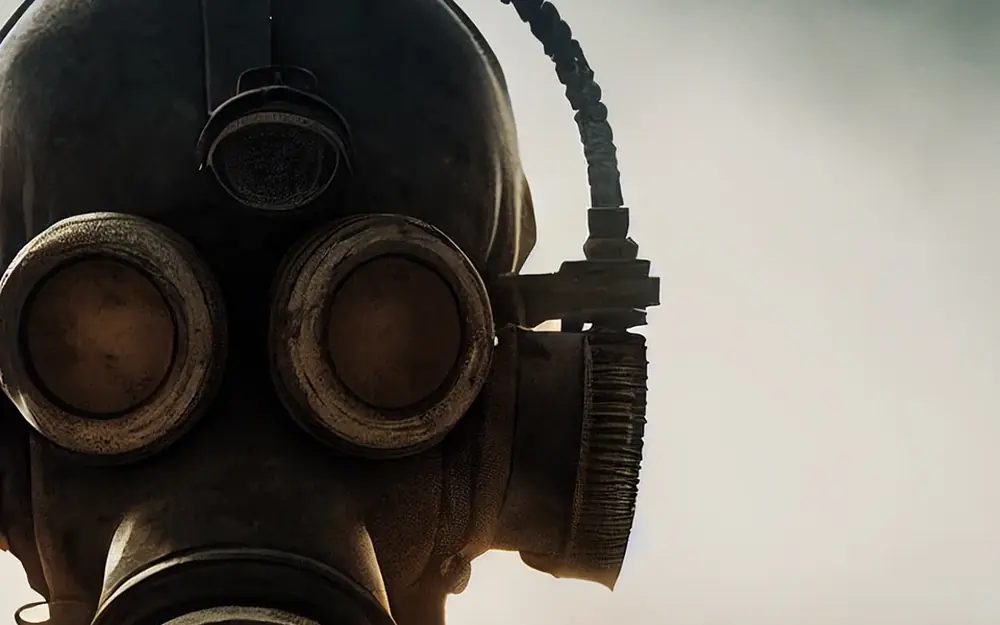 Spieler mit Gasmaske in winterlichem Nebel